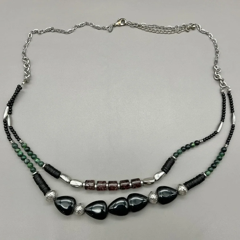Chicos Beaded Layered Necklace Black Silver Tone Green Multi Strand Statement